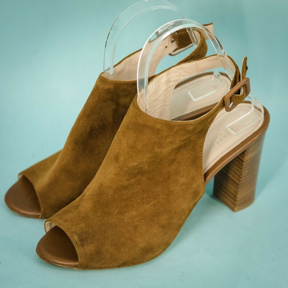 Barneys New York Size 38.5 8 Peep Toe Sandals Suede Blocked Buckle Brown Heels